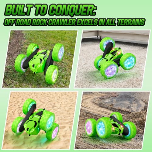 Remote Control Stunt Car for Kids (Green / Glow (Headlights & Wheel Lights))