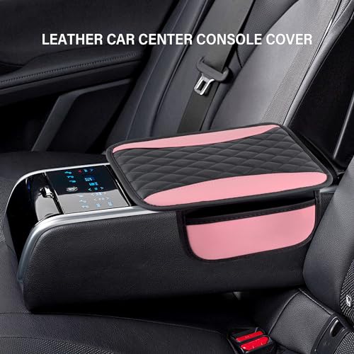 Leather Car Center Console Cover with Side Pockets (Pink)