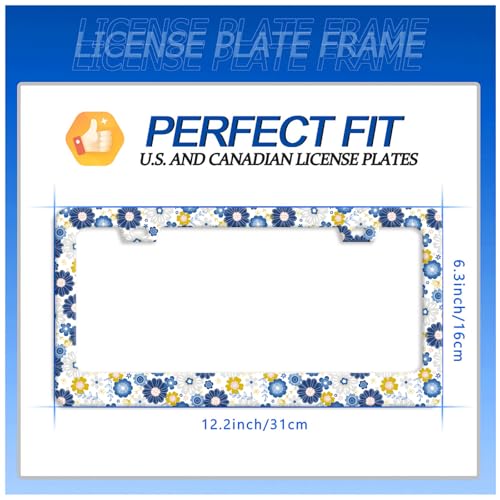 White Blue Hippie Flowers License Plate Frame Colorful Floral License Plate Holder Funny Car Accessory Decoration 12.3"x6.3" for Women (White Blue Hippie Flowers)