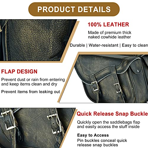 Naked Cowhide Leather Motorcycle Saddle Bags Throw Over Saddlebags (Distressed Brown 26L No Studs & Braided)