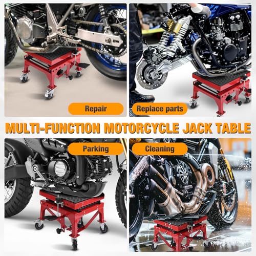 Motorcycle Lift Table Jack 300 LBS Heavy Duty Hydraulic Motorcycle Scissor Jack Lifts Table Foot Pedal with 4 Caster Wheels Wide Deck for Motorbike Dirt Bike ATV Garage Repair Tool (Red Hydraulic Lift Table)