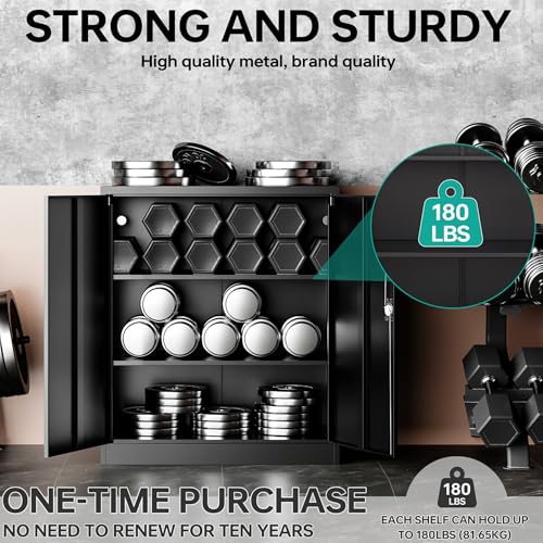 Small Metal Storage Cabinet with Doors and Shelves (36"H x 31.5"W x 16"D / Black)