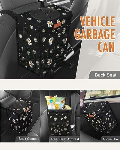 Car Trash Can with Lid Leakproof Car Garbage Bag Vehicle Trash Bin (2.8 Gallons / Black Flower)