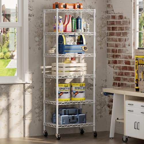 6 Small Wire Shelves Kitchen Pantry Close Home Organizers and Storage Bathroom Shelf Laundry Room Organization Adjustable Book Metal Garage Shelving Unit (White / 6-Tier 11.8"D X 17.3"W X 61.7"H)