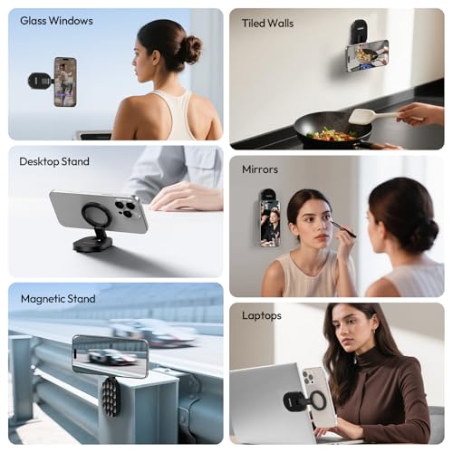 MA39 3-in-1 Suction Magnetic Phone Holder for MagSafe, 360° Rotatable Phone Tripod Mount with Carabiner Clip, Compatible with for iPhone 17-12, Ideal for Car Dashboard, Gym, Kitchen, Office (Black)