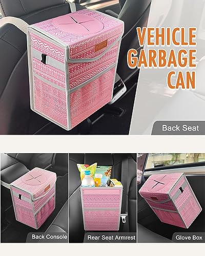 Car Trash Can with Lid Leakproof Car Garbage Bag Vehicle Trash Bin (2 Gallons / Pink Print)