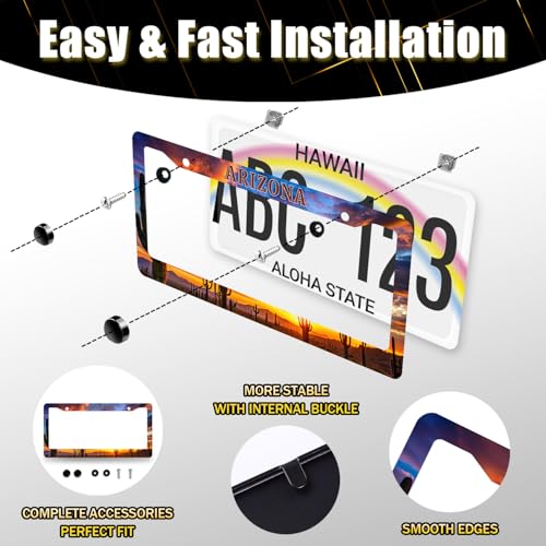 Arizona State Flag Stainless Steel State License Plate Frame 12.2 x 6.2Inch (Arizona Desert Sunset Cactus)