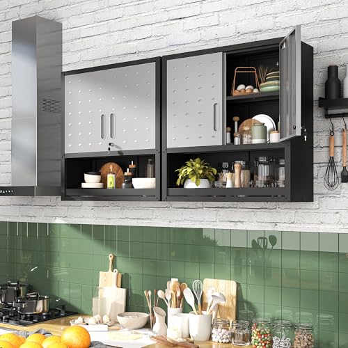 Wall Mounted Metal Storage Cabinet (Black & Gray / H30.31" - 2 Doors & Open Storage)