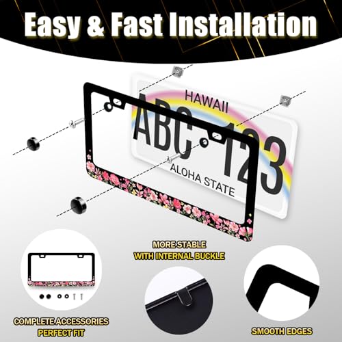 Pink Floral License Plate Frame Colorful Flower License Holder with 2 Holes (Pink Floral Flowers)