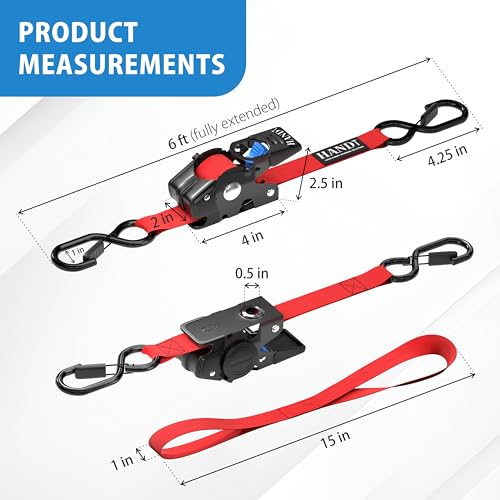 USA Based Retractable Ratchet Straps (1in x 6ft - 2 Pack / Red)