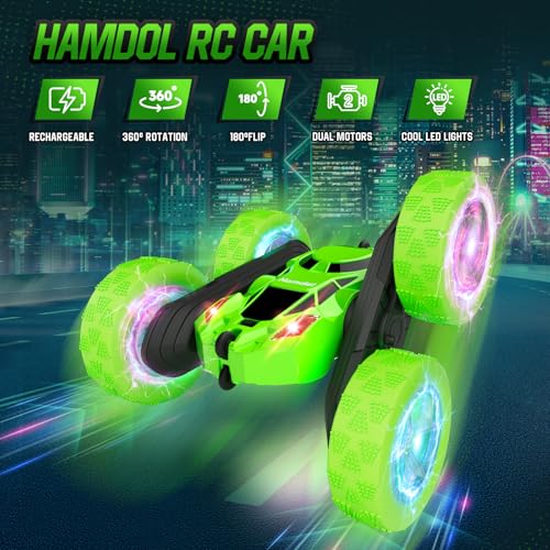 Remote Control Stunt Car for Kids (Green / Glow (Headlights & Wheel Lights))