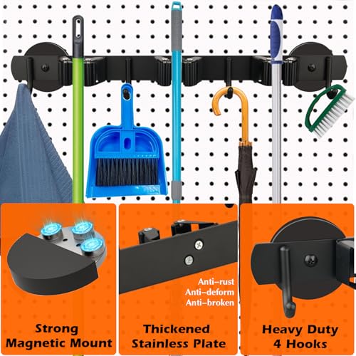 Magnetic Broom Holder (Heavy Duty,New Black,3 Hooks 4 Slots)