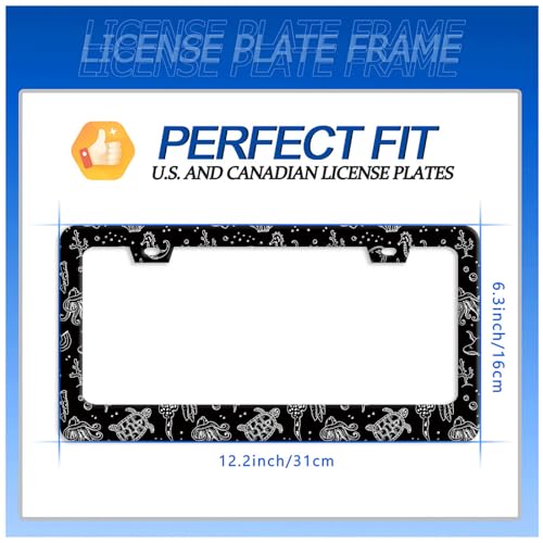 Turtles Print License Plate Frame Stainless Steel Car Accessory 6.3x12.3In (Black White Ocean Animal Turtles)
