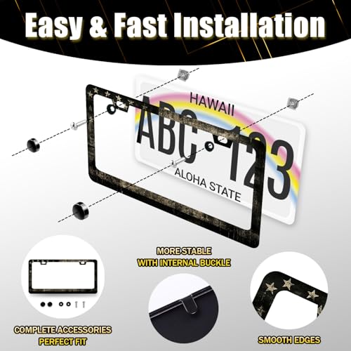 Stainless Steel American Flag Camo License Plate Frame 12.2 x 6.2 Inch (Retro American Flag Print)