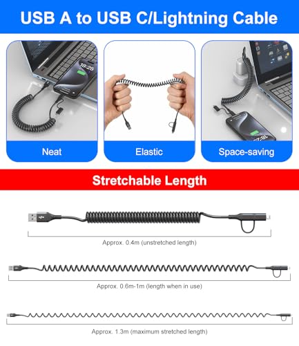 USB to USB C and Lightning Cable Support Apple Carplay & Android Auto (Black)