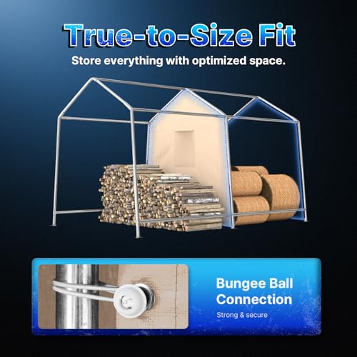 8x14 ft Steel Metal Peak Roof Portable Garage Shelter Storage Shed Carport for Motorcycle (Beige / 8'x14')