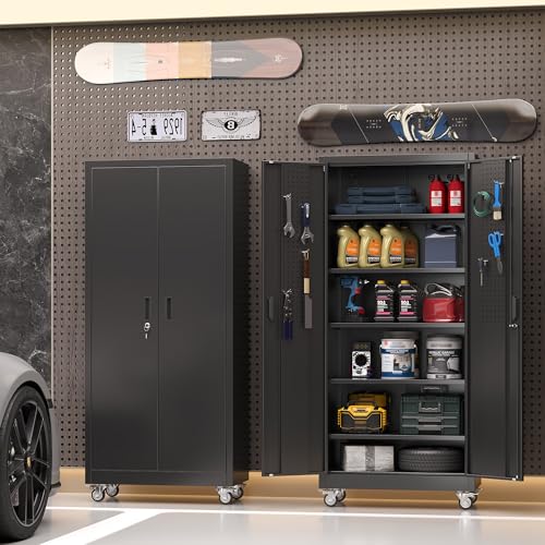 71" Metal Garage Storage Cabinet with Wheels (Black / 16"D x 32"W x 71"H)