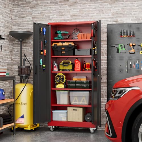 Garage Storage Cabinet with Pegboard (Black&red / 16"D x 32"W x 71"H)
