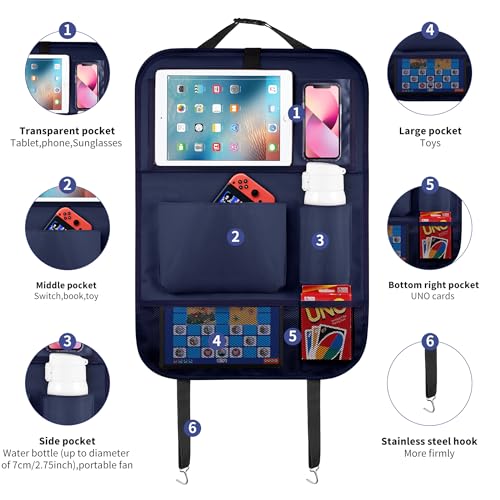 Car Backseat Organizer with Foldable Tablet Holder (Dark Blue-3 / 2 Pack with Food Tray)