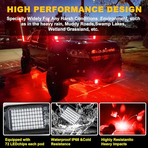 4Pods Pure Red LED Rock Lights 72 pcs LEDs high Power Rock Lights Neon Underglow Light for Car Trucks ATV UTV SUV Boat Underbody Glow Trail Rig Lights IP68 Waterproof (Pure red rock lights - 4 pack)