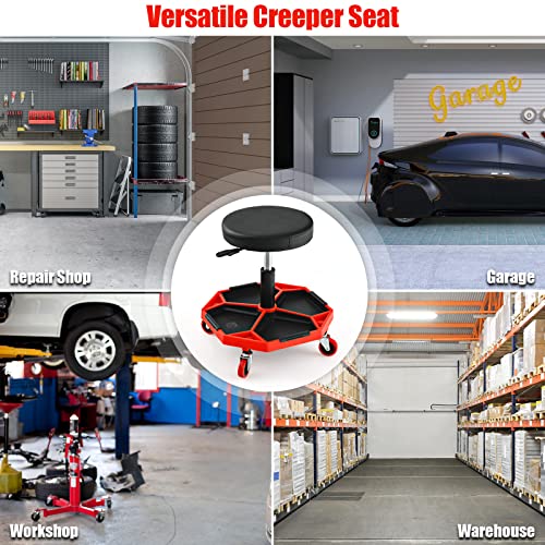 Rolling Mechanic Stool with Removable Tool Tray & Padded Cushion (Bottom Tool Tray / Red)