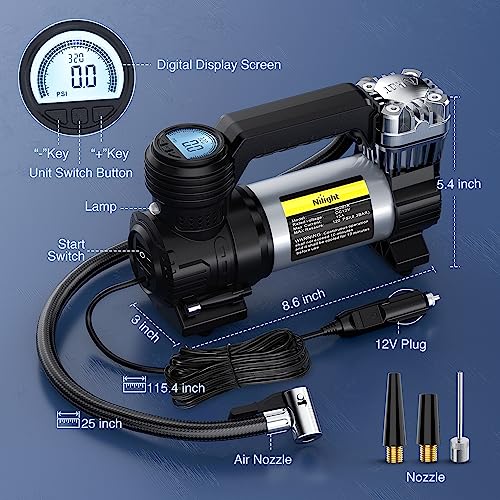 Portable Air Compressor Tire Inflator 12V Heavy Duty 120PSI Metal Pump Double Cylinder Digital Pressure Fast Inflate Auto Shutoff for Car SUV Motorcycle (Double Cylinder Air Compressor Pump)