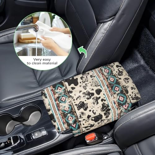 Aztec Cow Print Retro Car Center Console Armrest Cover Comfortable Armrest Seat Box Pad with Organizer Pockets Console Lid Protector Cushion Universal Fit for Most Vehicles SUVs (Aztec Cow Print Retro)