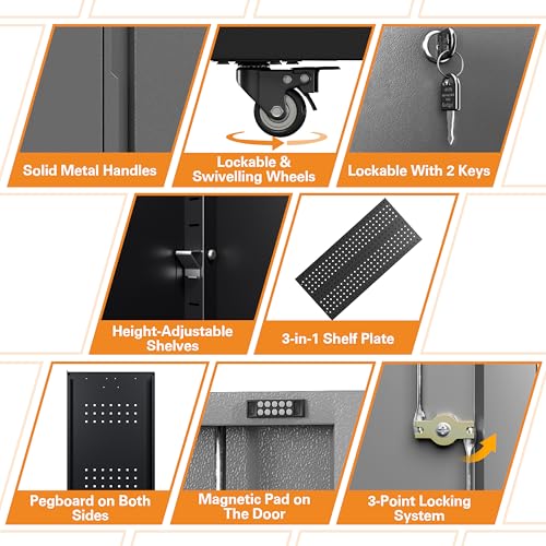 71" H Metal Tool Storage Cabinet with Lock and Wheels (Black&gray / 71"H(4-Door))