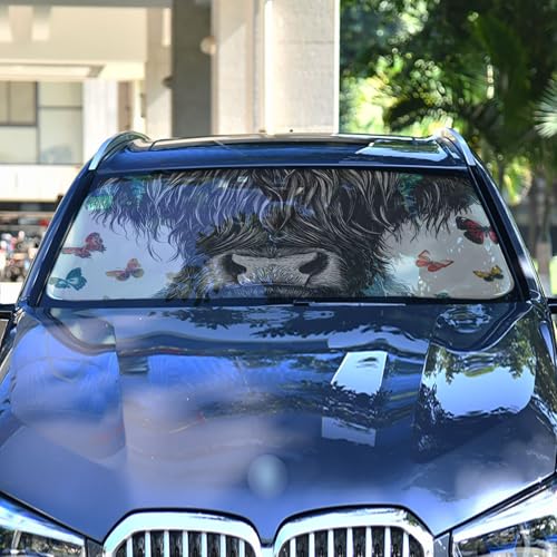 Car Front Windshield Sunshade (Highland Cow Flowers Butterflies)