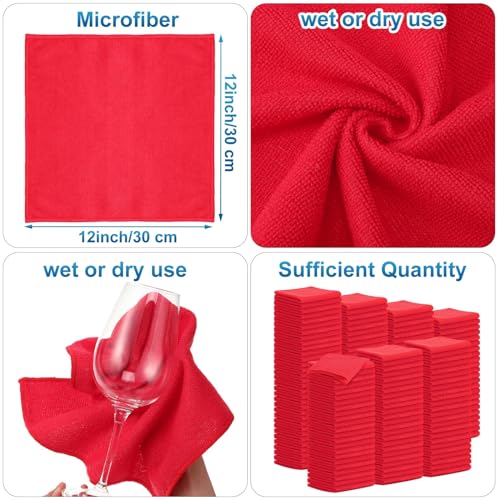 100 Pack 12'' x 12'' Microfiber Cleaning Cloths Reusable Cleaning Rags Bulk Microfiber Towels Softer Highly Absorbent Washcloths for House Kitchen Car Window (Red)