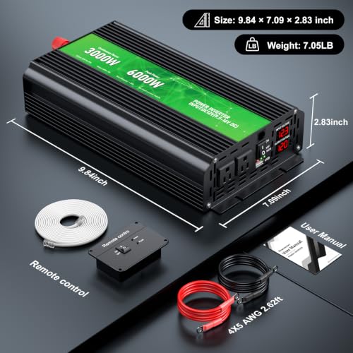 3000W Power Inverter 12V DC to 110V (3000W LCD / Green)