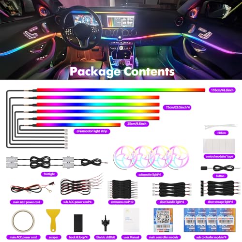Dreamcolor Acrylic Car Interior Lights 22 in 1 RGB LED Strip Lights APP Control Zoned Control System 252 Color Modes DIY Fiber Optic Ambient Lighting Kits Music Car Neon Light Kits New Version (dreamcolor 22 lights(new))