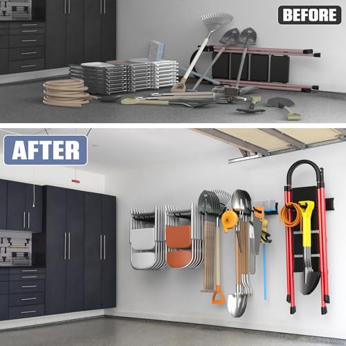 Wall Mounted Garden Tool Rack Garage (17 inch railx4 / Black)