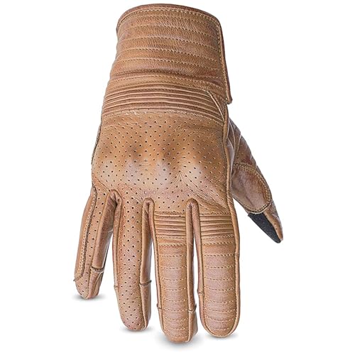 Leather Motorcycle Gloves for Men with Light Tricot Inner Lining Bike Riding Gloves with Fingers and Knuckle Padding with Adjustable Magic Tape Fastener (Large / Short Billy Tan)