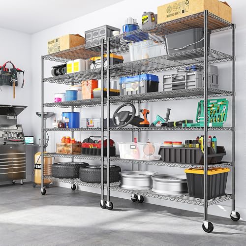 Heavy Duty 6 Tier Rolling Storage Shelves with Wheels for Garage (82"H X 45"W X 18"D-Black)