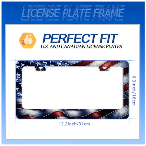 American License Plate Frame Stainless Steel Accessory 12.3 x 6.3 Inch (American USA Flags)