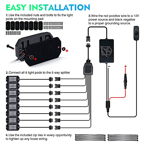 Bluetooth Rock Lights Multicolor Neon Accent Lights Underglow Kits (8 Pods / Standard Housing)