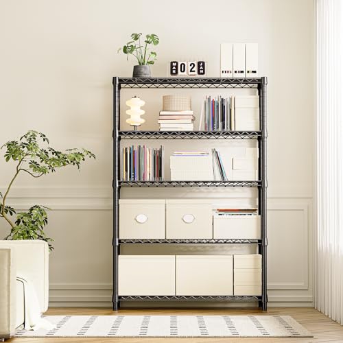 5 Tier Heavy Duty Metal Storage Shelving Unit (5 Tier, 17.7" D x 47.2" W x 72.3" H / Black)