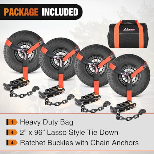 2" x 96" Lasso Style Car Tie Down Straps with Chain Hook Anchors (4Pcs 2in x 96in Wheel Straps)