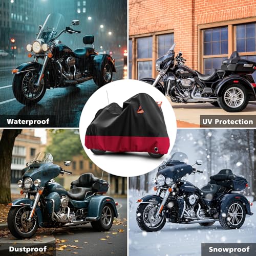 Trike Cover Waterproof Outdoor Heavy Duty 3 Wheel Motorcycle Cover (Black&Red)