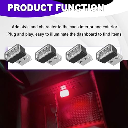 4 PCS USB LED Car Ambient Lighting Kit Plug in Atmosphere Lamps Portable Auto Interior Decor Night Lights Universal for Most Cars SUVs Trucks (red)