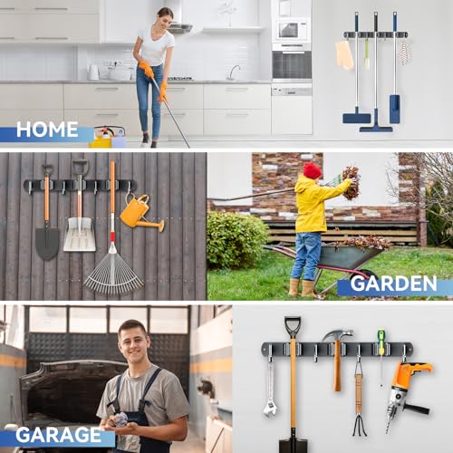 2 Pack Mop Broom Holder Wall Mount 3 Racks 4 Hooks Storage Black (2Pack 3R4H / Black)