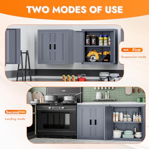 Metal Wall Storage Cabinet Steel Wall Mounted Garage Storage Cabinet with Adjustable Shelf and Doors for Basement Utility Room Warehouse Kitchen (H28")