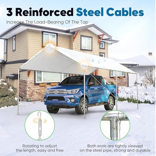 10x15 ft Heavy Duty Car Canopy Galvanized Frame Carport Outdoor Party Tent Boat Shelter with 3 Reinforced Steel Cables (White / 10'x15')