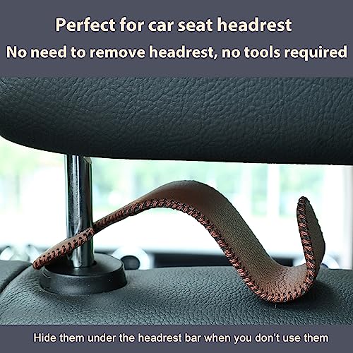 4 Pack Car Headrest Hooks Holds 55lbs Seat Storage Organizer for Bags (Leather Brown)