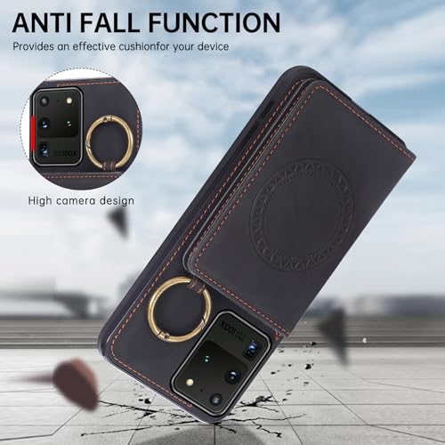 Compatible with Samsung Galaxy S20 Ultra 5G Wallet Case Screen Protector Crossbody Shoulder Strap Ring Buckle Stand Card Holder Magnetic Car Mount Phone Cover for S20ultra 20ultra G5 Women Men Black (Black / for S20 Ultra)