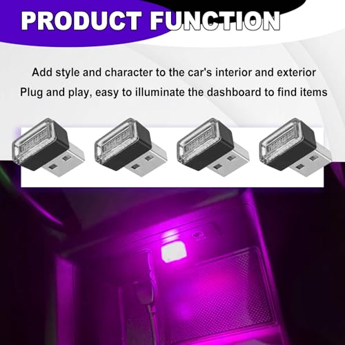 4 PCS USB LED Car Ambient Lighting Kit Plug in Atmosphere Lamps Portable Auto Interior Decor Night Lights Universal for Most Cars SUVs Trucks (purple)