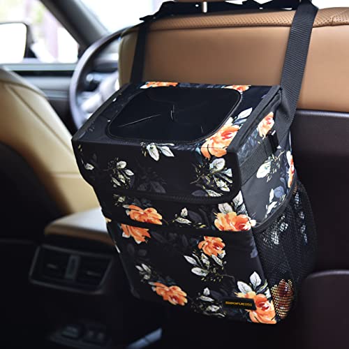 Cute Car Trash Can with Lid (Orange Floral / 2 Gallons)