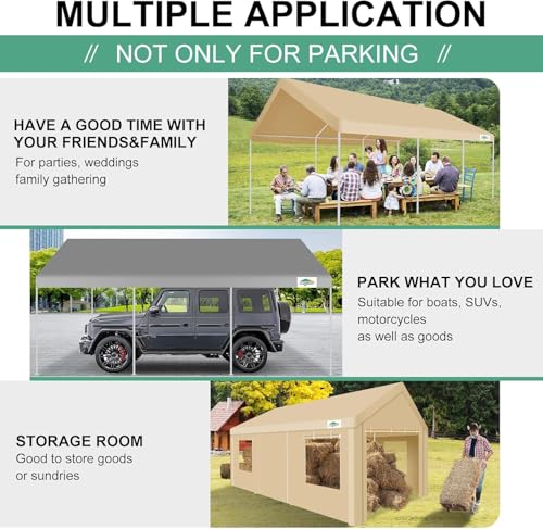 Carport 12x20ft Heavy Duty Portable Garage (Khaki / 12'x20'(+4 Wall))