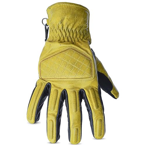 Leather Motorcycle Gloves for Men with Soft Polyester Lining Bike Riding Gloves with Grip Patches on Palm and Accordion Panels on Fingers and Cuff (Medium / Diamond Yellow/Black)
